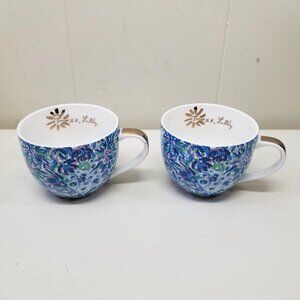 Lilly Pulitzer Ceramic Mug Cup Set Of 2 Blue Floral Gift Collectible